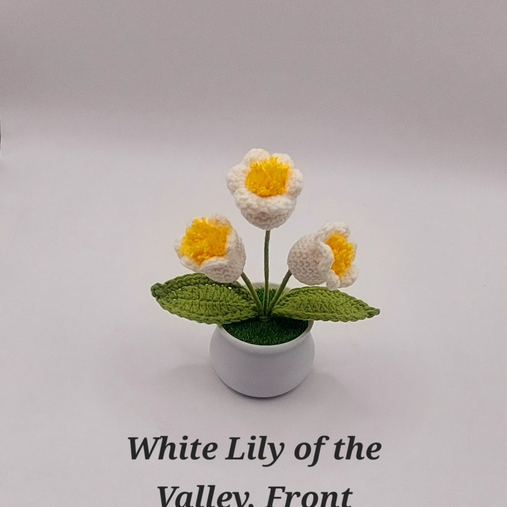 Crocheted Handmade Spring Flowers In Mini Pot W/Grass, White Lily Of The Valley
